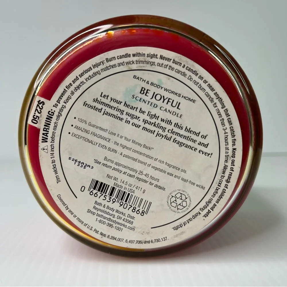Bath and Body Works Be Joyful 3 Wick Candle Pink Sugar Clementine Jasmine Scent